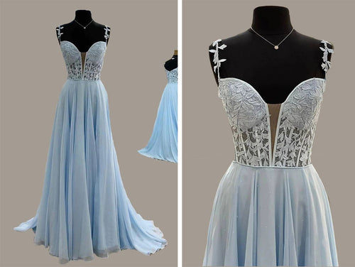 Plunging See Through Corset Blue Straps Prom Dresses Slit  P630