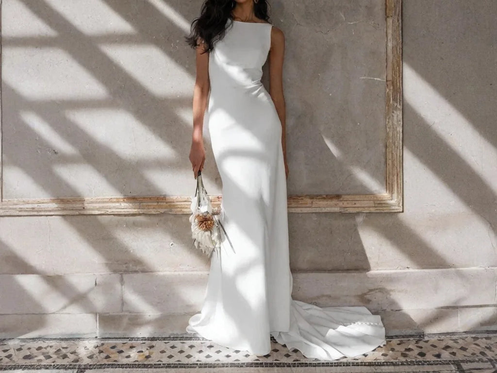 Boat Neck Sheath Wedding Dress with Big U Back P037 - Elegant Bridal Gown
