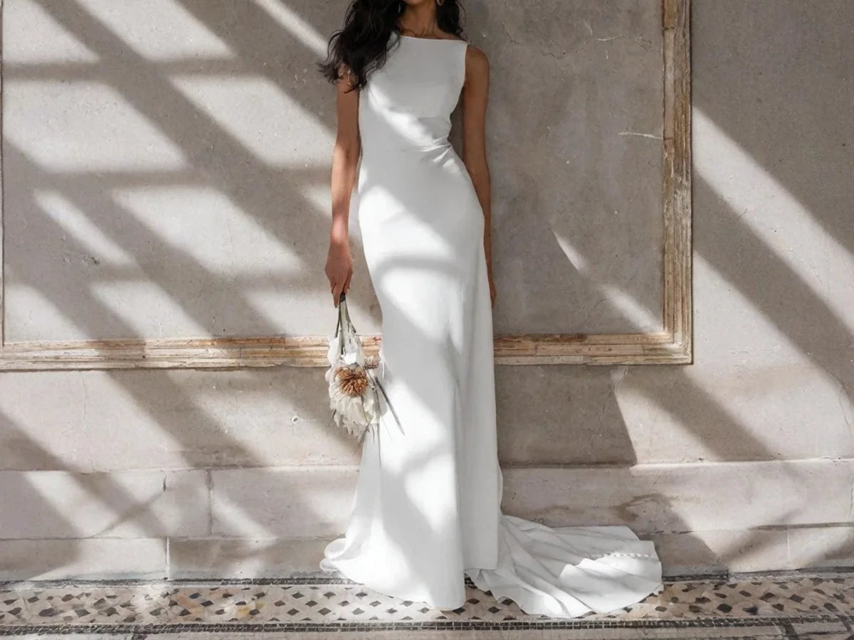 Boat Neck Sheath Wedding Dress with Big U Back P037 - Elegant Bridal Gown