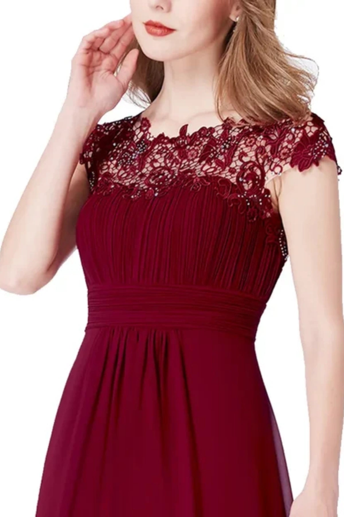 Emerald Green Bridesmaid Dresses with Pleated Design and Lace Cap Sleeves