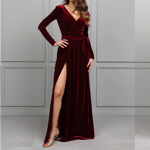 Burgundy Velvet Wrapped Bridesmaid Dresses Long Sleeves P685