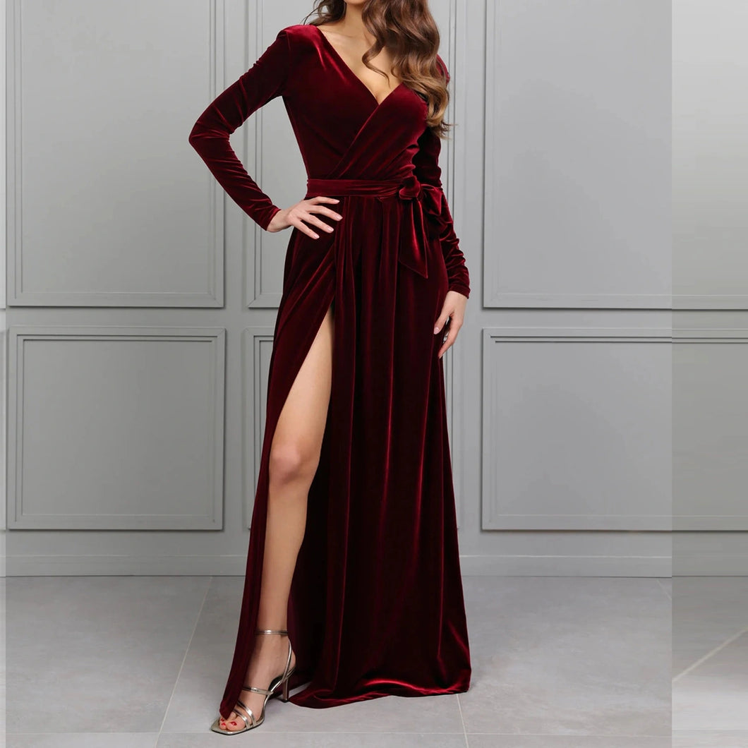 Burgundy Velvet Wrapped Bridesmaid Dresses Long Sleeves P685