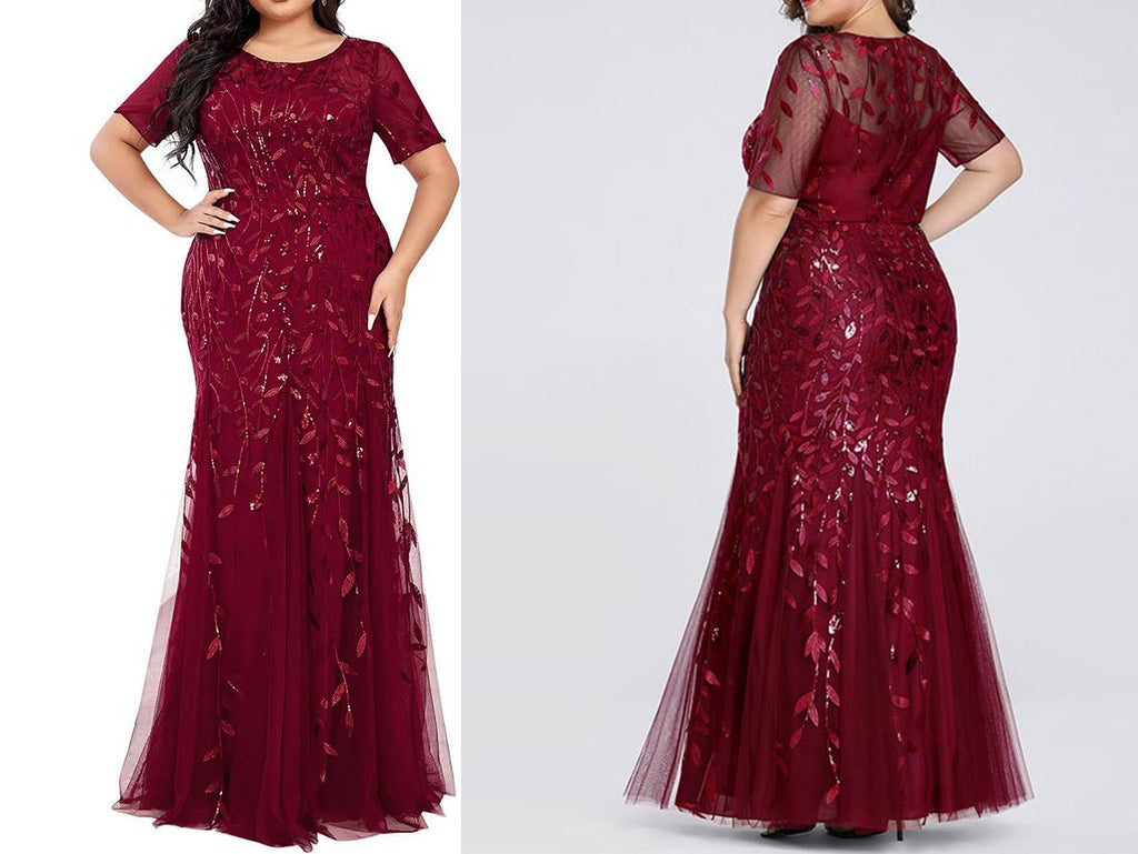 Shimmery Leaves Pattern Embellished Plus Size Mother of Bride Dresses - promboutiqueonline