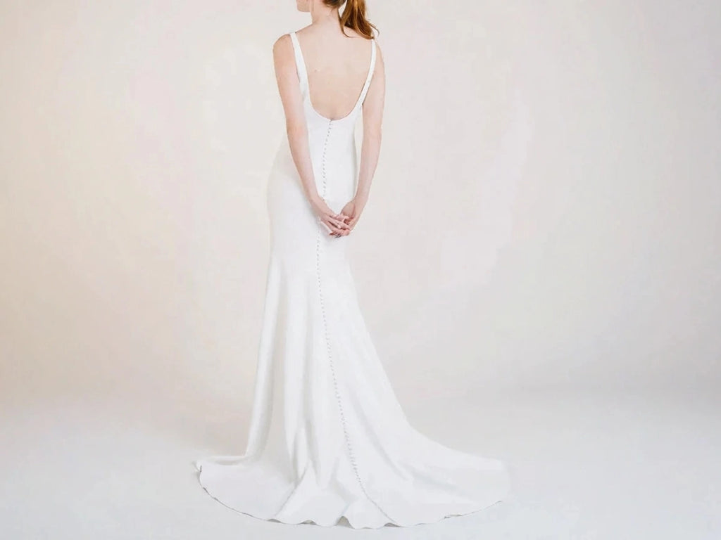 Boat Neck Sheath Wedding Dress with Big U Back P037 - Elegant Bridal Gown