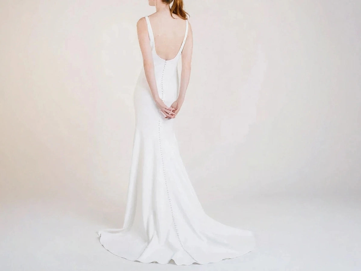 Boat Neck Sheath Wedding Dress with Big U Back P037 - Elegant Bridal Gown