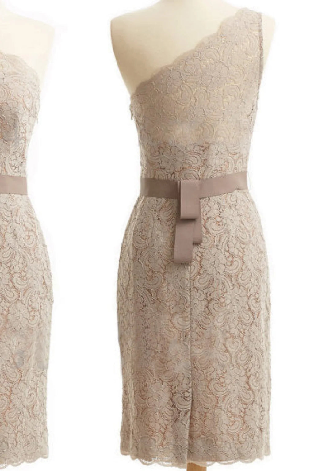 Back view of champagne lace one-shoulder mother of the groom dress featuring satin waist belt and fitted knee-length silhouette