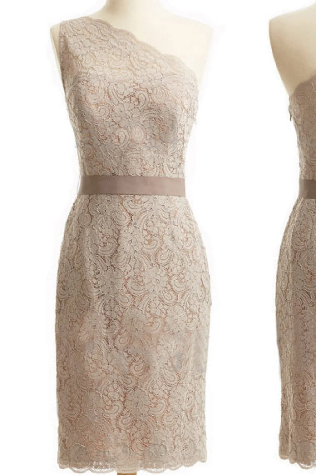 Champagne one-shoulder lace mother of the bride dress with fitted silhouette, scalloped hem, and elegant knee-length design