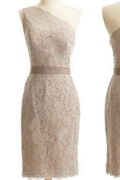 Champagne one-shoulder lace mother of the bride dress with fitted silhouette, scalloped hem, and elegant knee-length design