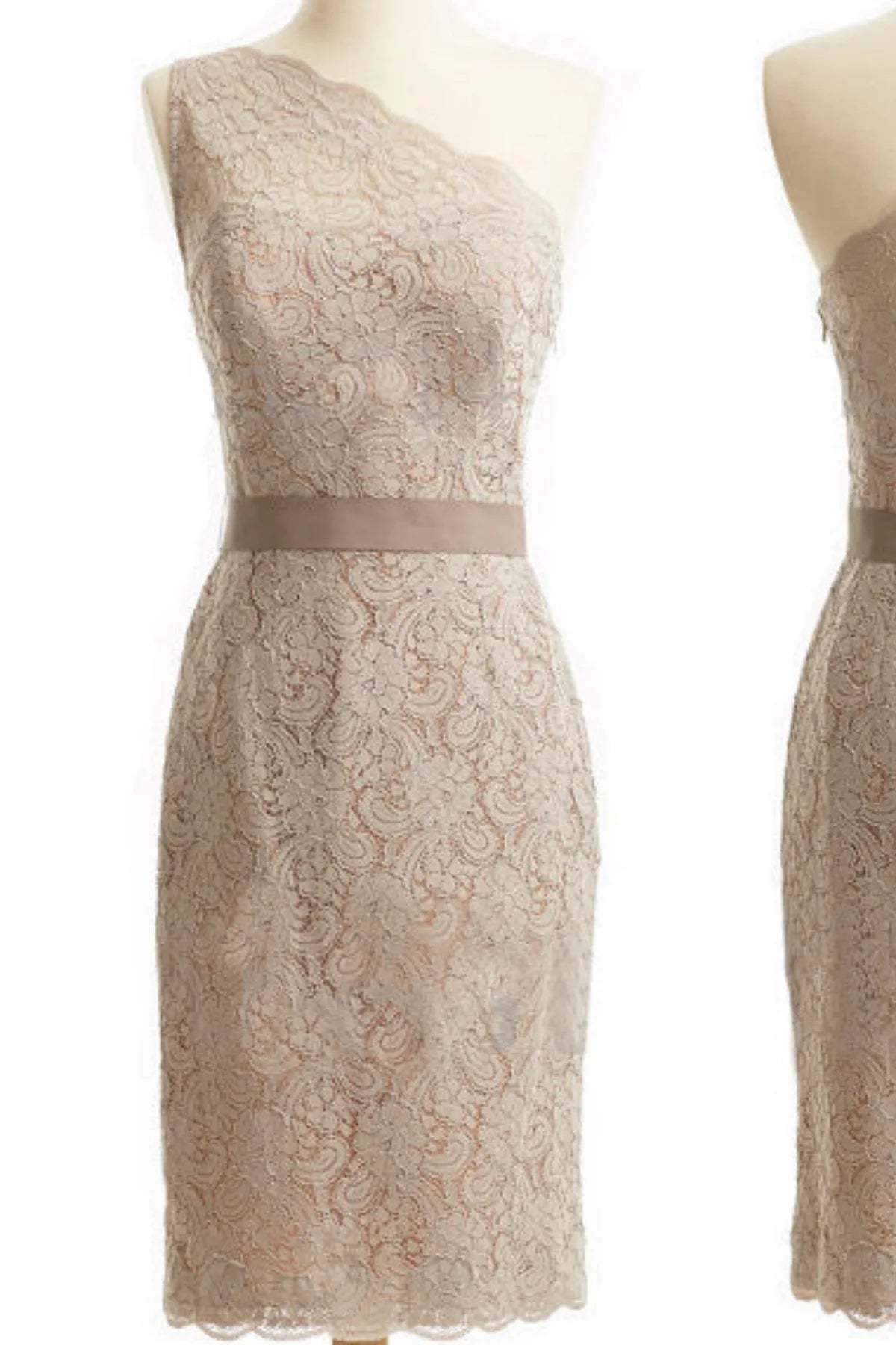 Champagne one-shoulder lace mother of the bride dress with fitted silhouette, scalloped hem, and elegant knee-length design