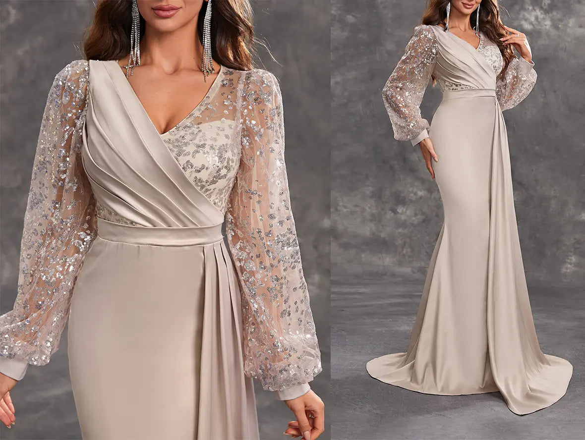 Champagne Mother of the Bride Dress with Ruffled Satin and Sequined Long Sleeves