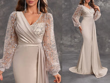 Load image into Gallery viewer, Champagne Satin Ruffled Mother of The Bride Dress with Sequined Long Sleeves