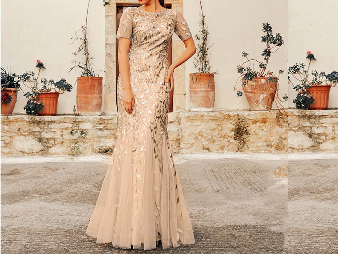 Shimmery Leaves Pattern Embellished Plus Size Mother of Bride Dresses - promboutiqueonline