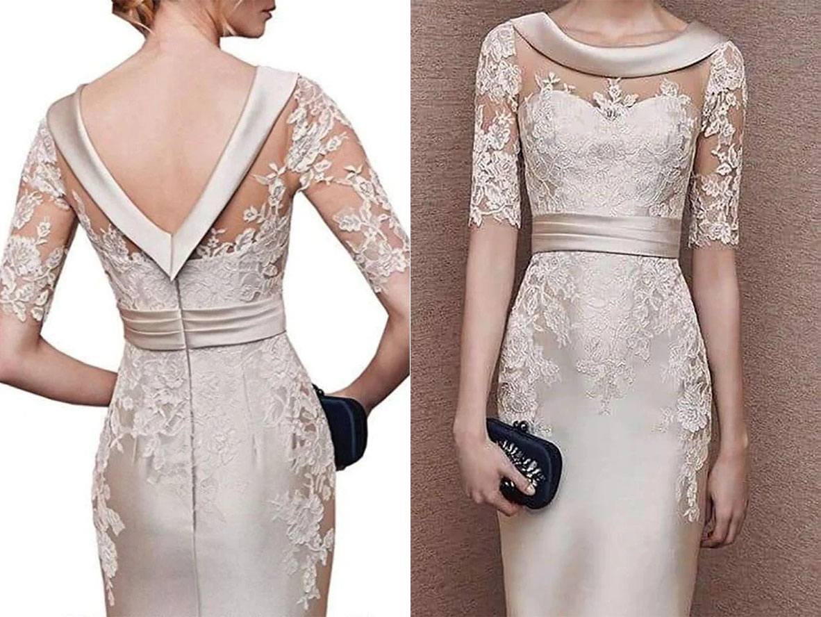 Champagne Sheath Satin Knee Length Mother of the Bride Dresses with Sleeves - promboutiqueonline