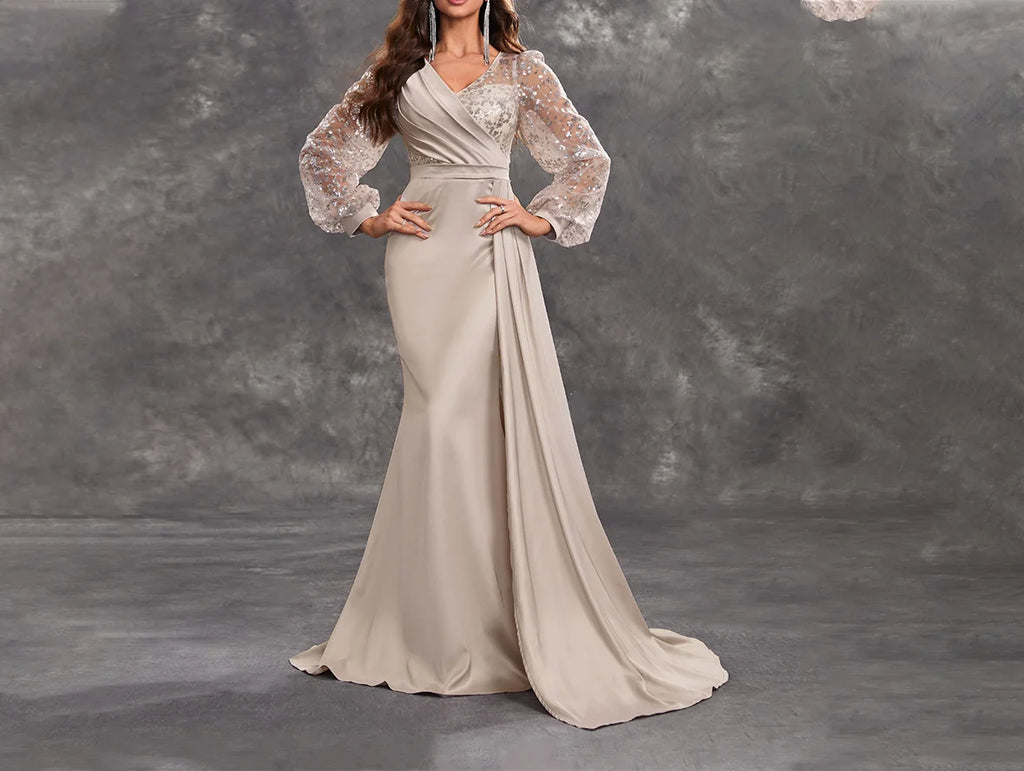 Champagne Mother of the Bride Dress with Ruffled Satin and Sequined Long Sleeves