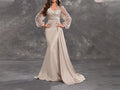 Champagne Mother of the Bride Dress with Ruffled Satin and Sequined Long Sleeves