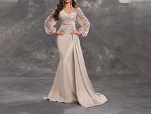 Load image into Gallery viewer, Champagne Satin Ruffled Mother of The Bride Dress with Sequined Long Sleeves