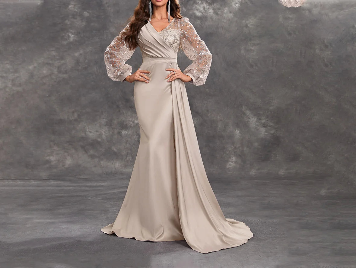 Champagne Satin Ruffled Mother of The Bride Dress with Sequined Long S promboutiqueonline Champagne Satin Ruffled Mother of The Bride Dress with Sequined Long S promboutiqueonline