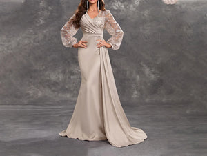 Champagne Satin Ruffled Mother of The Bride Dress with Sequined Long Sleeves