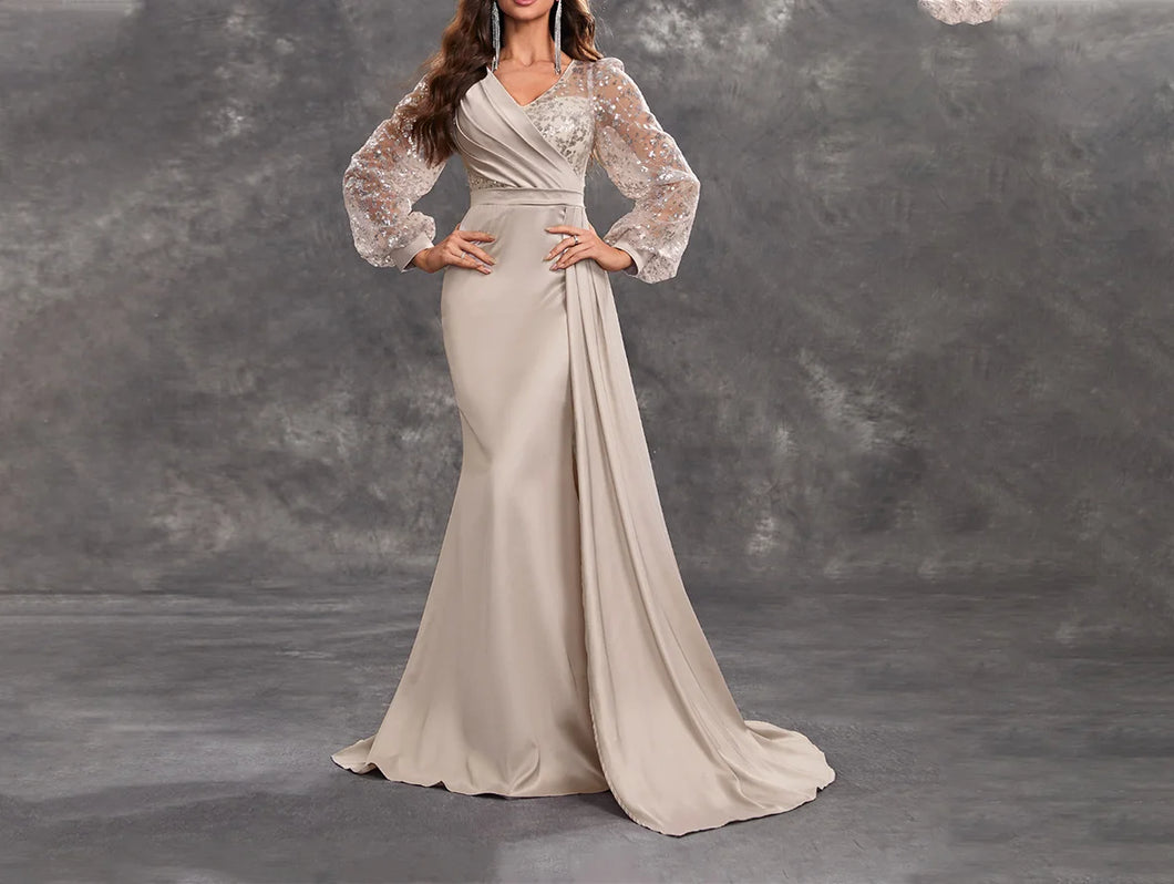 Champagne Satin Ruffled Mother of The Bride Dress with Sequined Long Sleeves