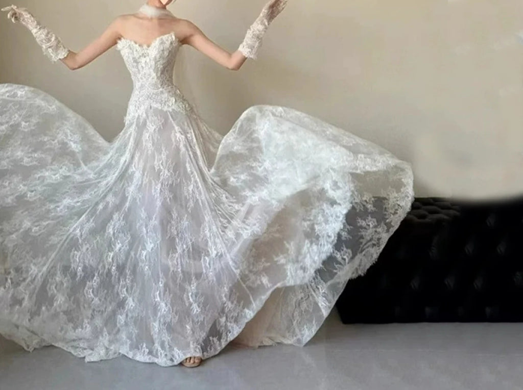 Ivory White Lace Wedding Dress A-line with Gloves