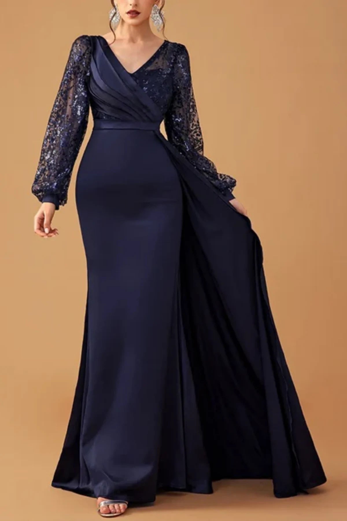 Champagne Mother of the Bride Dress with Ruffled Satin and Sequined Long Sleeves