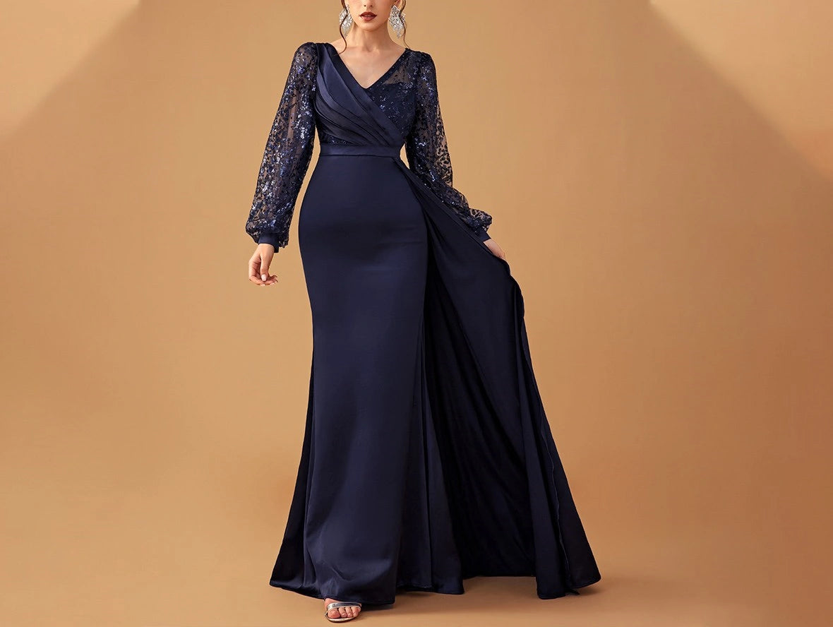 Champagne Mother of the Bride Dress with Ruffled Satin and Sequined Long Sleeves