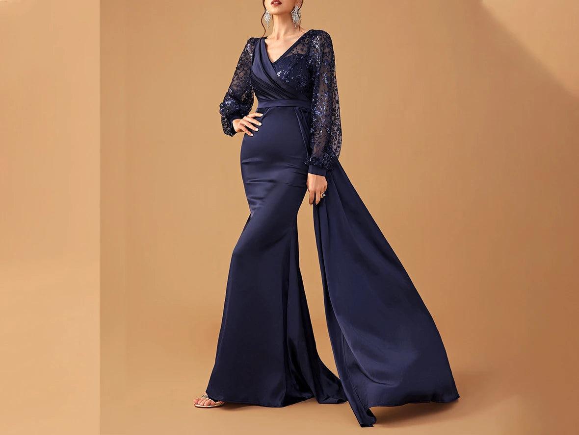 Champagne Mother of the Bride Dress with Ruffled Satin and Sequined Long Sleeves