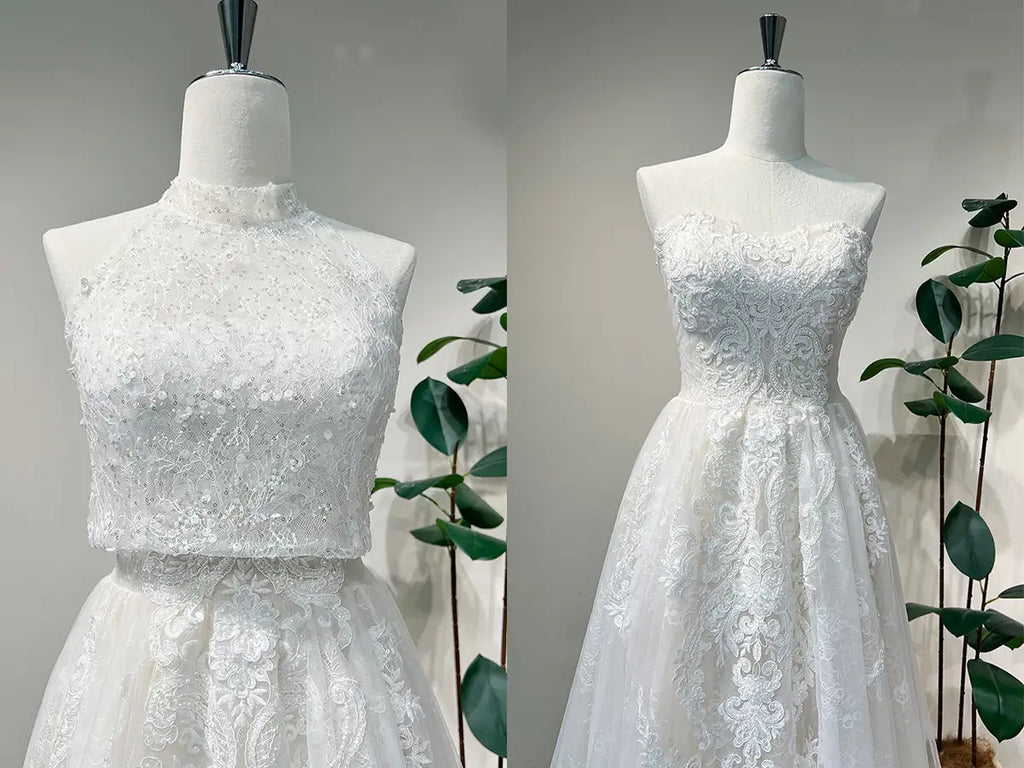 Convertible Floral Lace Wedding Dress with Detachable High Neck Vest