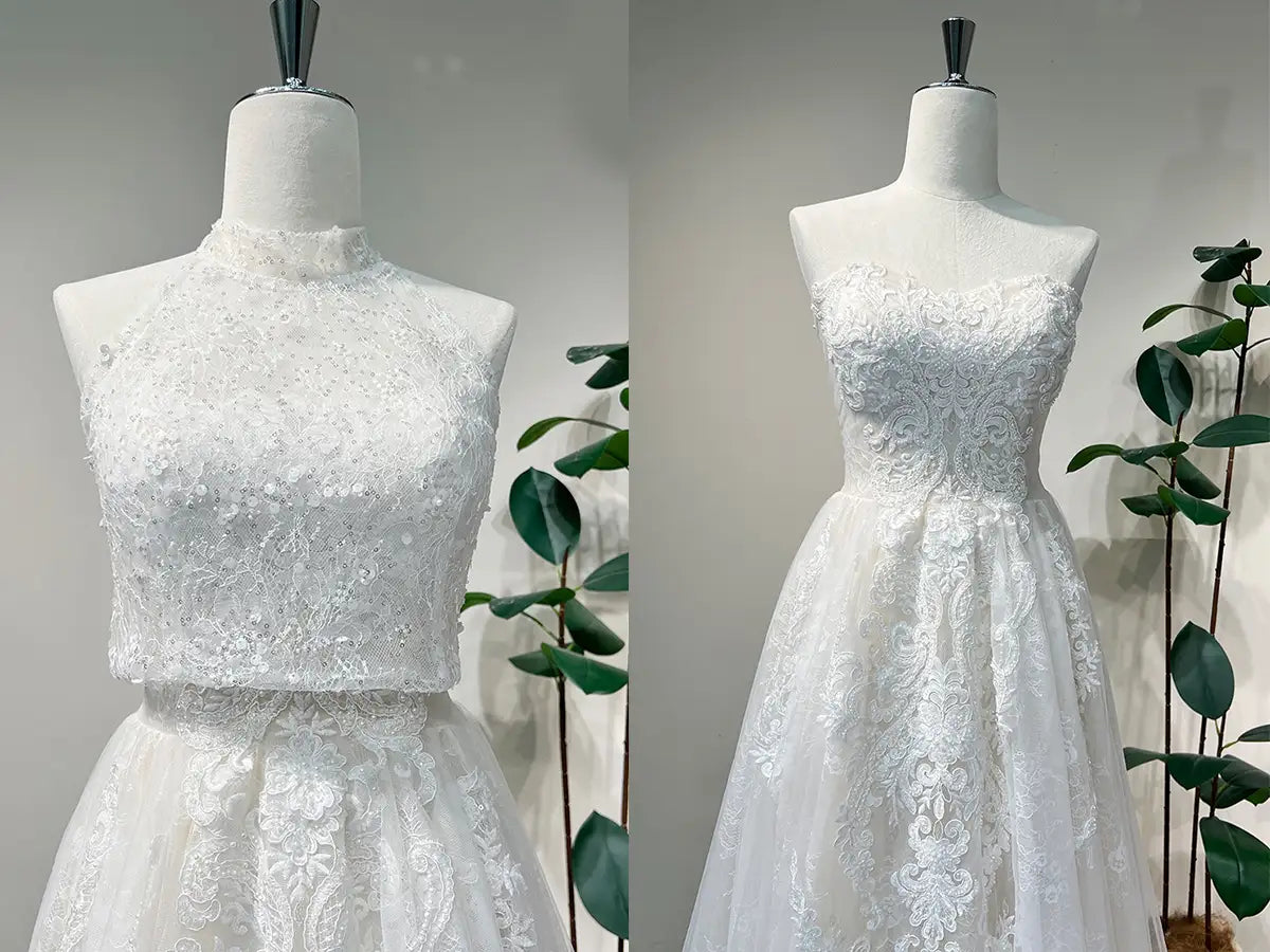 Convertible Floral Lace Wedding Dress with Detachable High Neck Vest