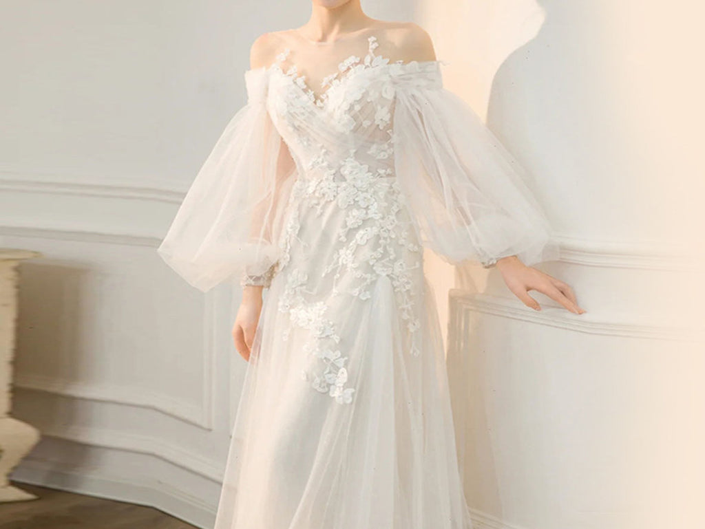 Fairy Cold Shoulder A-line Appliqued Tulle Wedding Dresses with Puffy Sleeves - promboutiqueonline