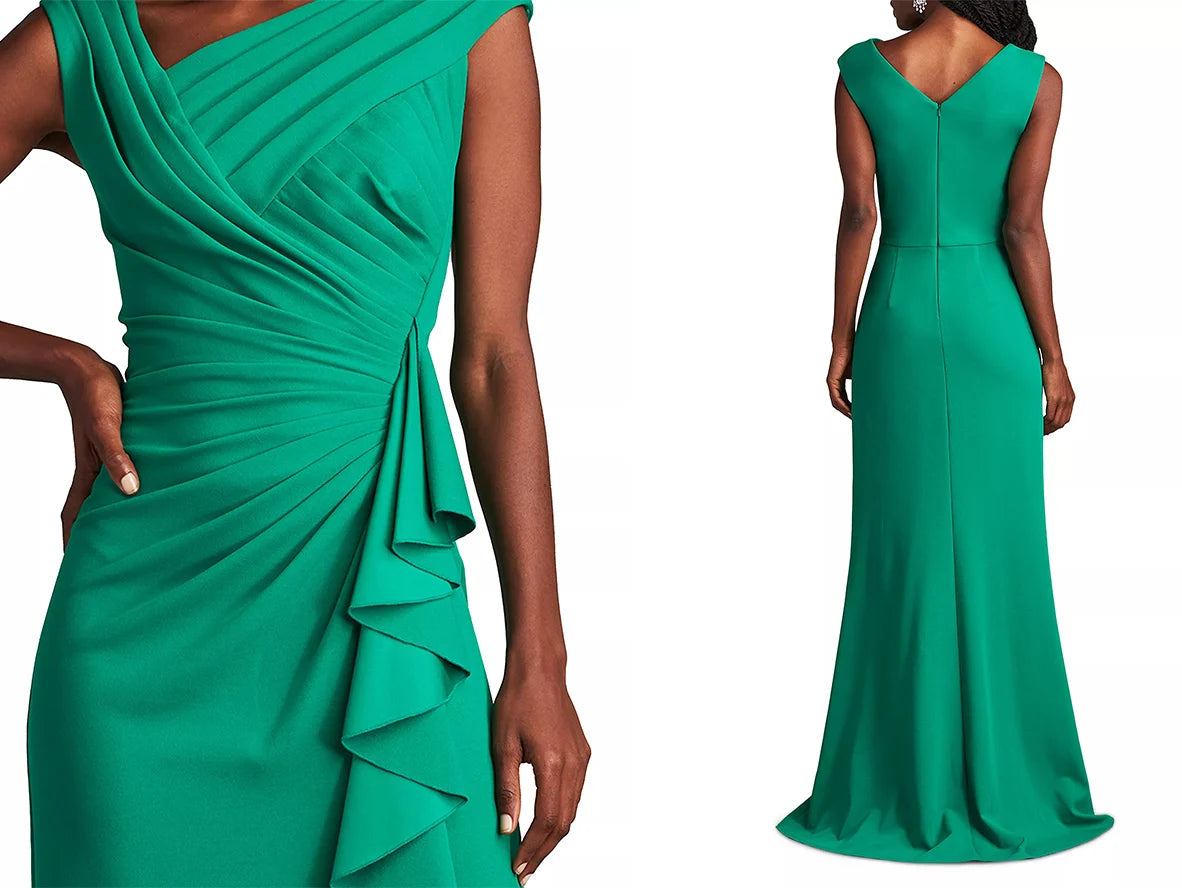 Green Asymmetric Draped Long Dress with Slit for MOB MOG - Elegant and Stylish Choice