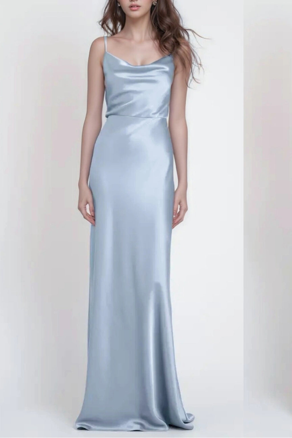 Dusty Blue Satin Bridesmaid Dress with Cowl Neck and Spaghetti Straps