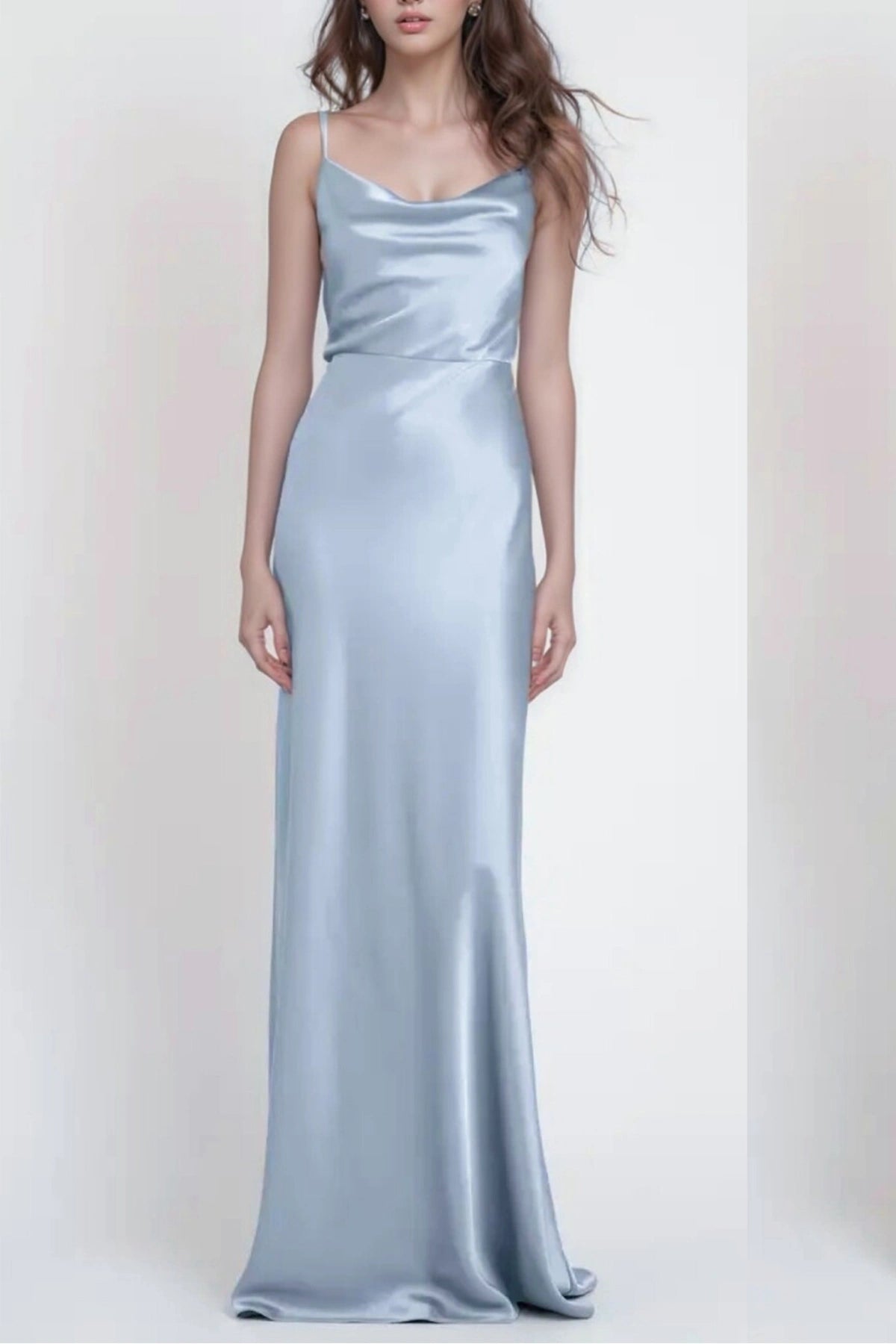 Dusty Blue Satin Bridesmaid Dress with Cowl Neck and Spaghetti Straps