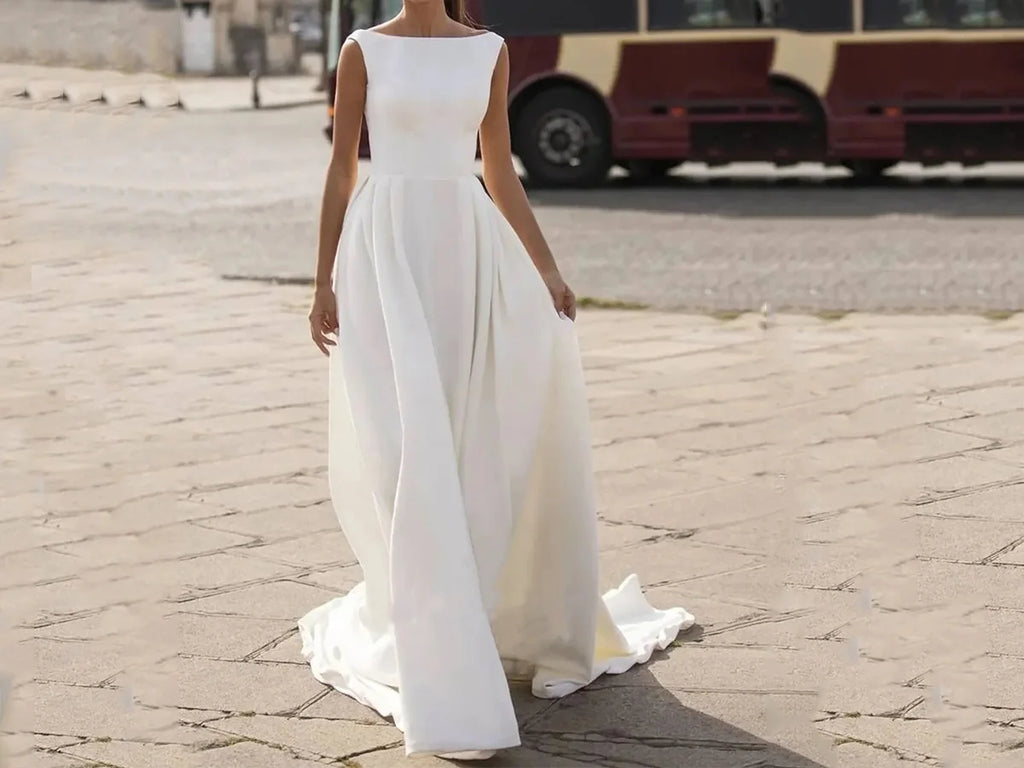 Elegant Bateau Neck A-line Wedding Gown with Buttoned Back P036 - Perfect Elegant Bateau Neck Wedding Gown