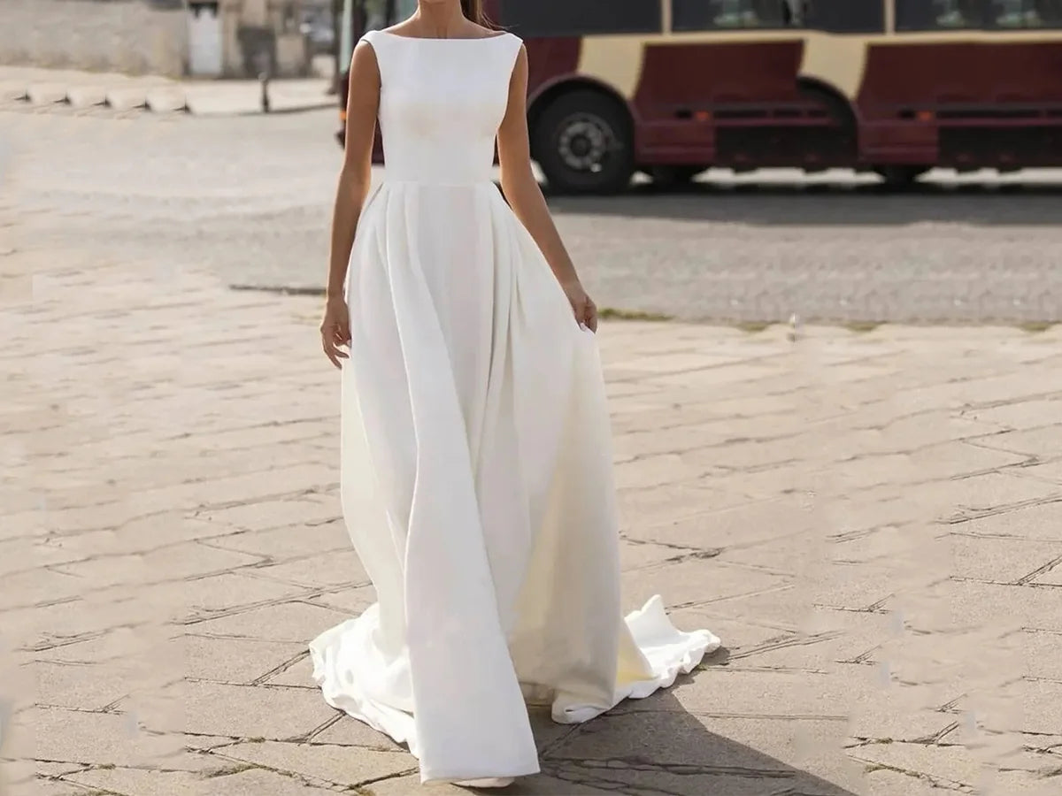 Elegant Bateau Neck A-line Wedding Gown with Buttoned Back P036 - Perfect Elegant Bateau Neck Wedding Gown