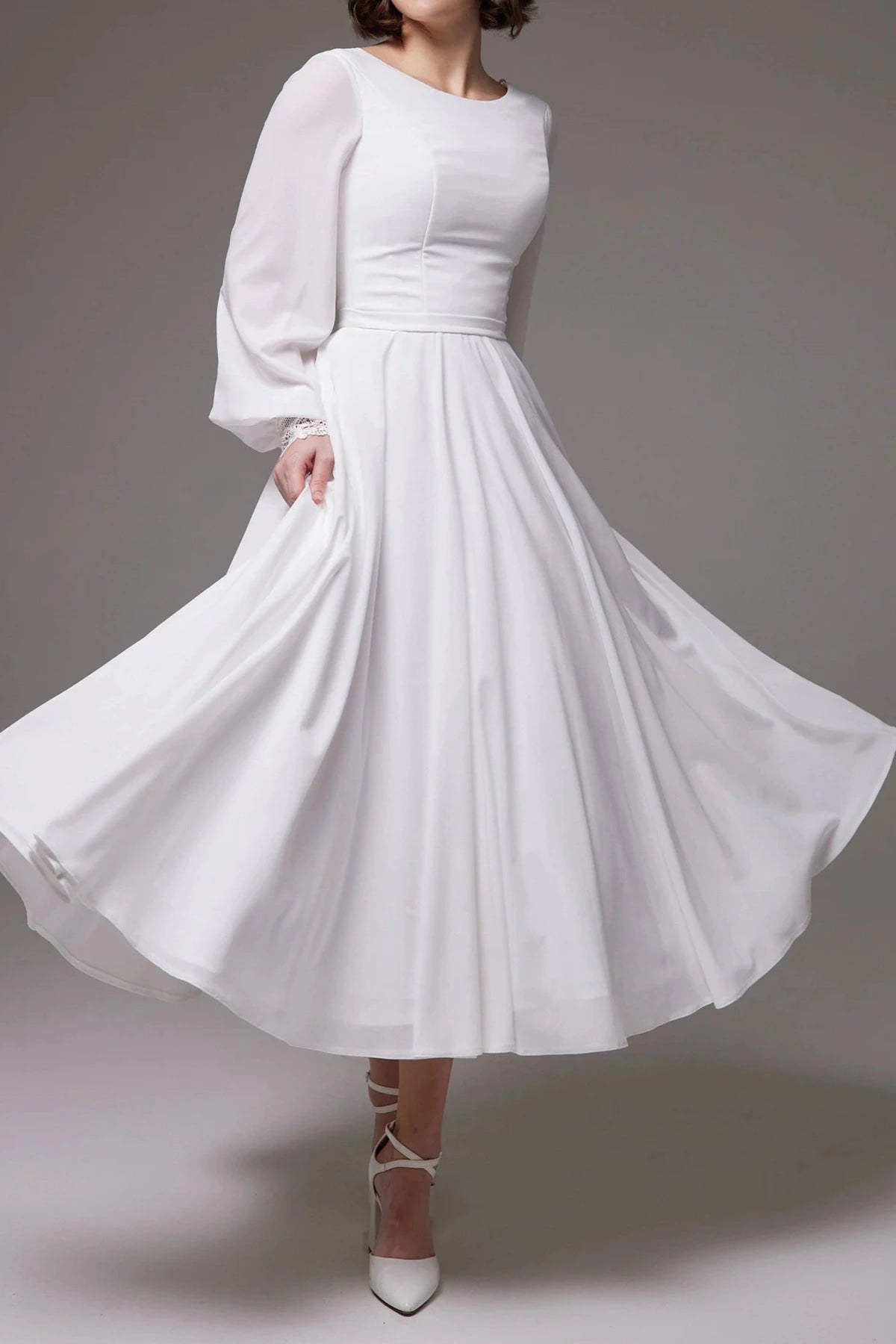 Timeless White Chiffon Modest Bridal Dress Featuring Long Bishop Sleeves and Pleated Waistband
