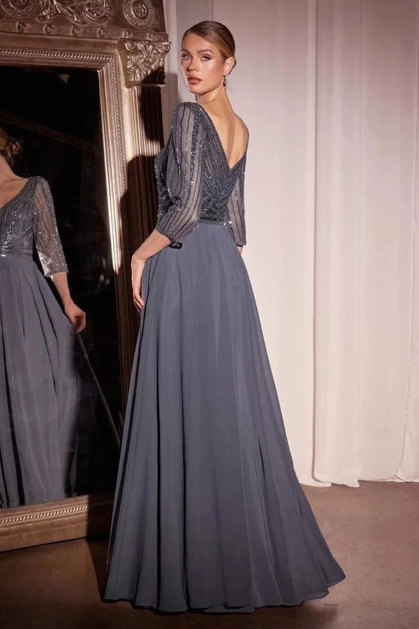 beaded mother of the bride dress gray chiffon v back illusion sleeves