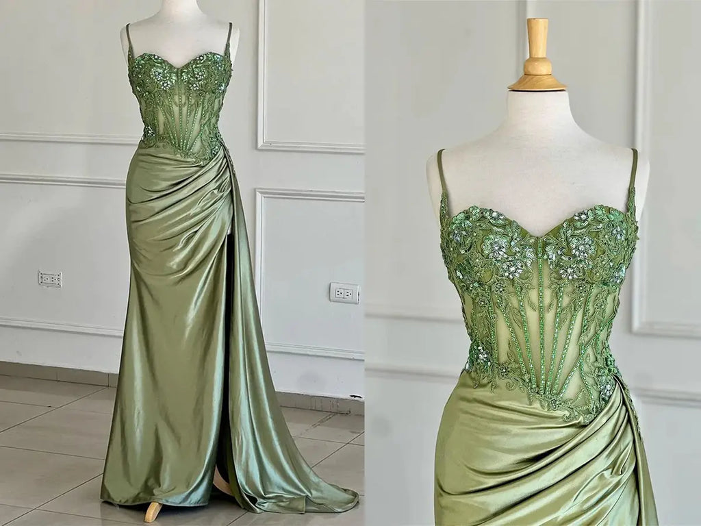 Olive Green Corset Prom Dress with Draped Straps and Slit
