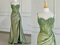 Olive Green Corset Prom Dress with Draped Straps and Slit