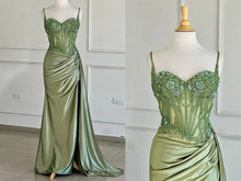 Load image into Gallery viewer, Olive Green Drapped Straps Corset Sheath Prom Dress with Slit