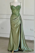 dusty green satin corset prom dress with ruched skirt