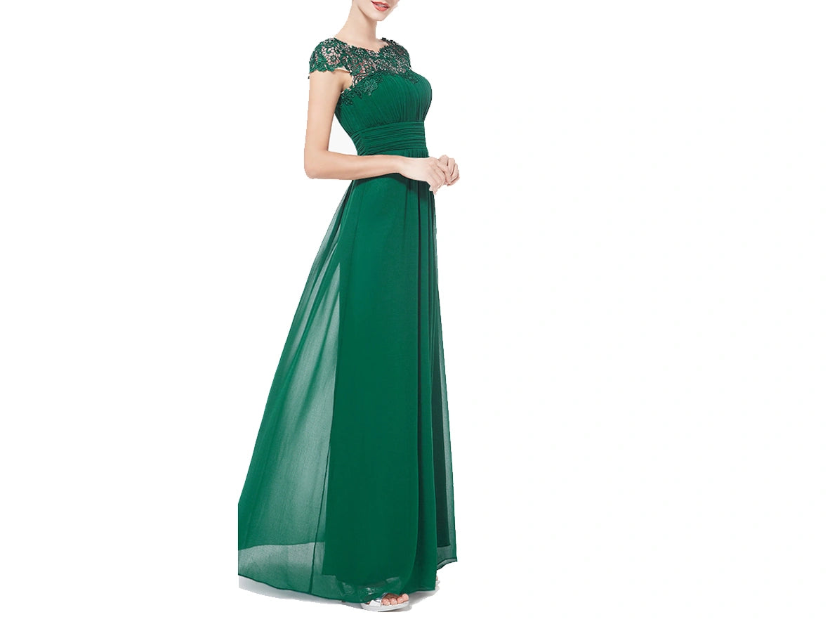 Emerald Green Bridesmaid Dresses with Pleated Design and Lace Cap Sleeves