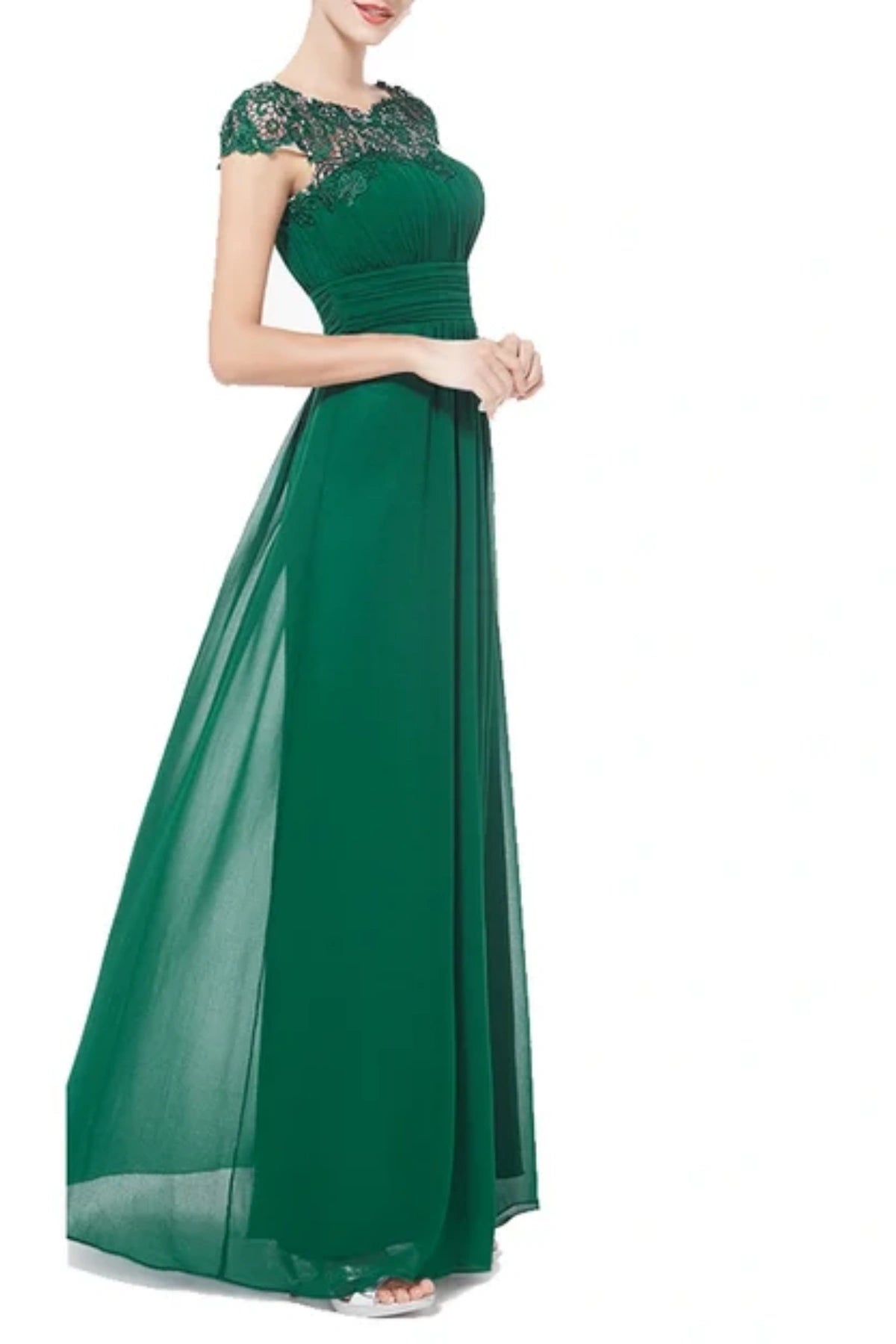 Emerald Green Bridesmaid Dresses with Pleated Design and Lace Cap Sleeves