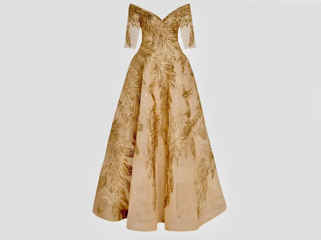 feather embroidery off the sholder mob gown
