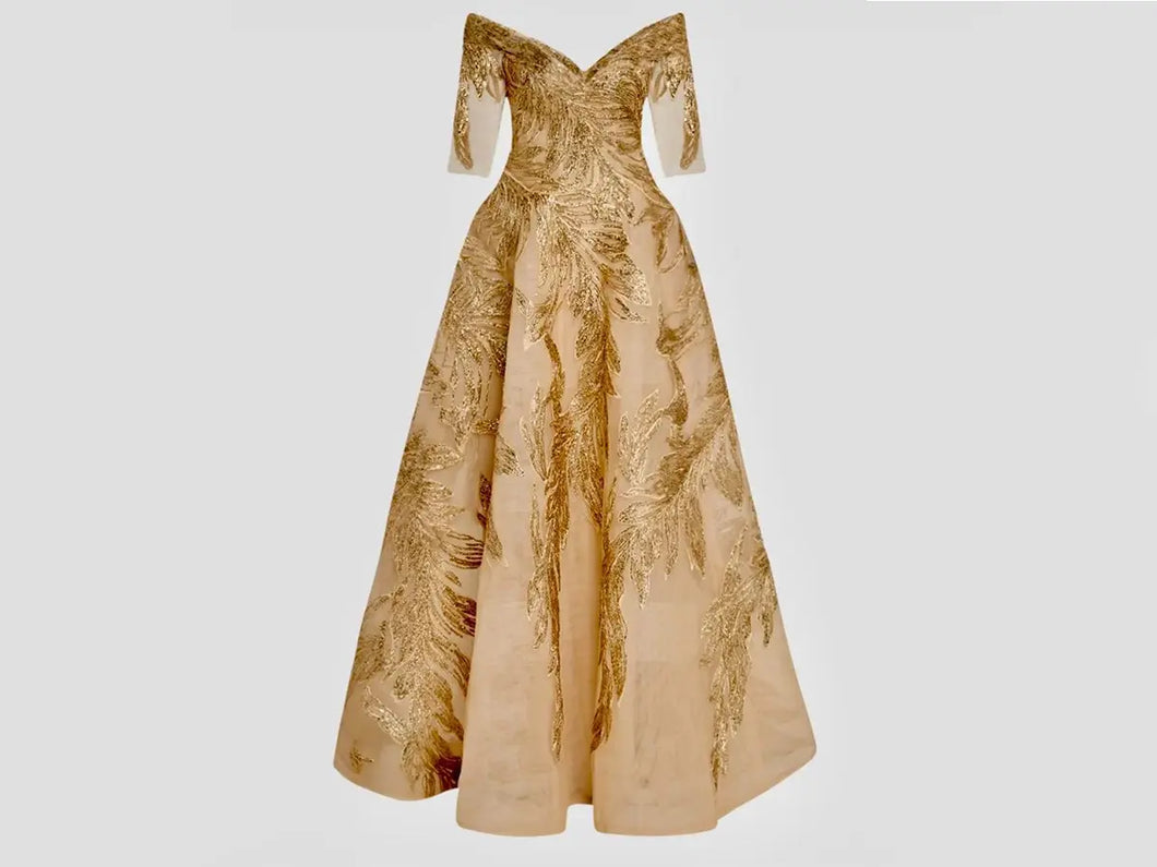 Gold Off The Shoulder Leather Appliqued MOB MOG Dress with Sleeves –  promboutiqueonline
