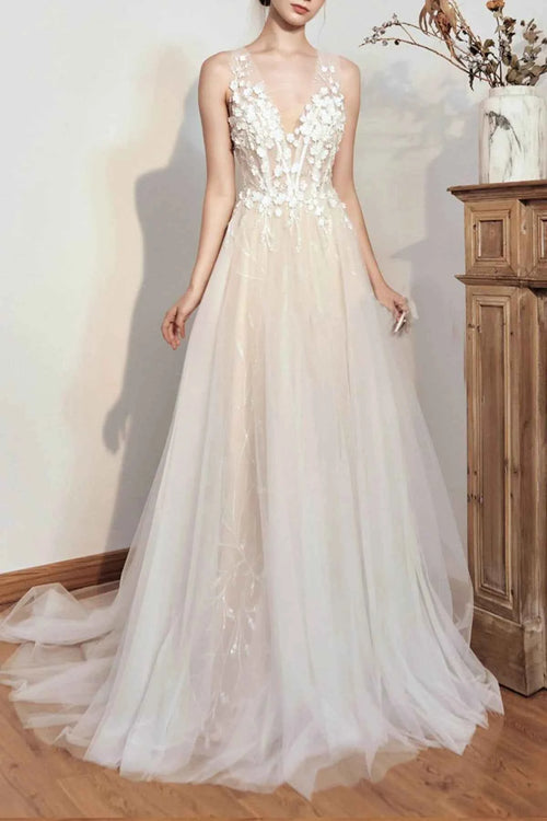 3D Floral Appliqué Plunging V-Neck A-Line Tulle Wedding Dress