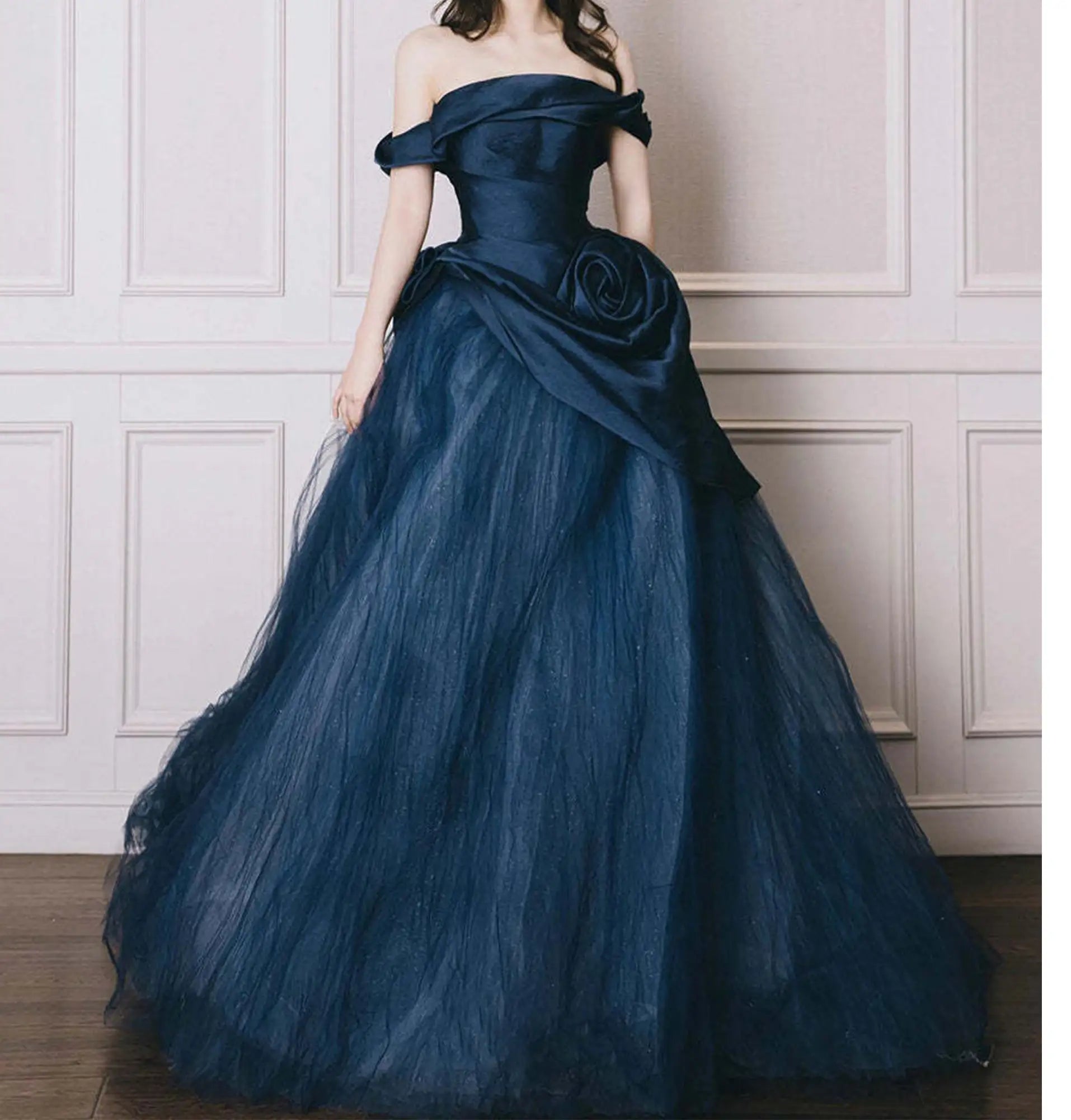 Off The Shoulder Blue Wedding Gown with Elegant Flower Detail