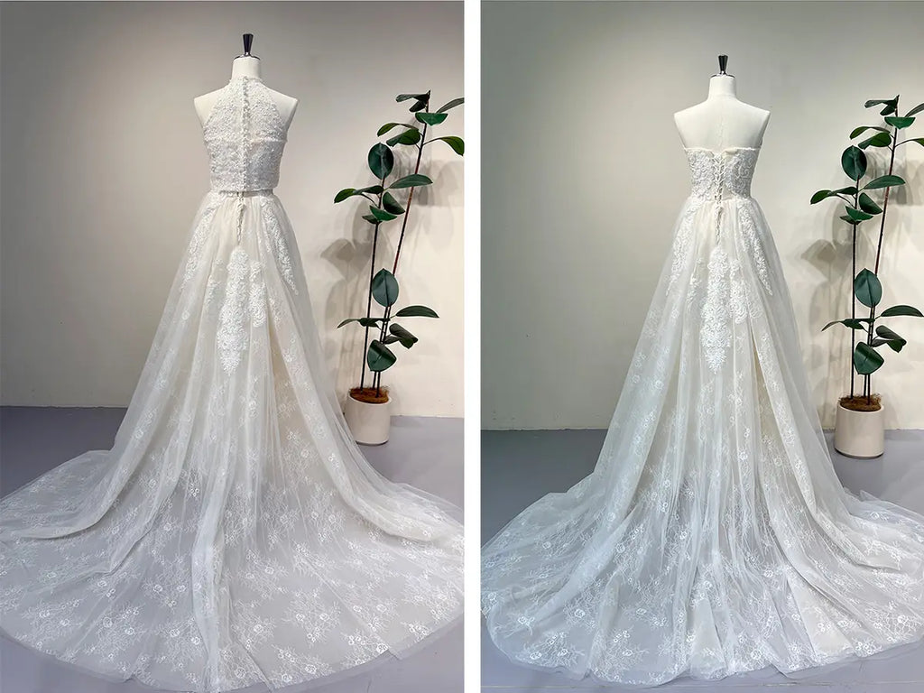 Convertible Floral Lace Wedding Dress with Detachable High Neck Vest
