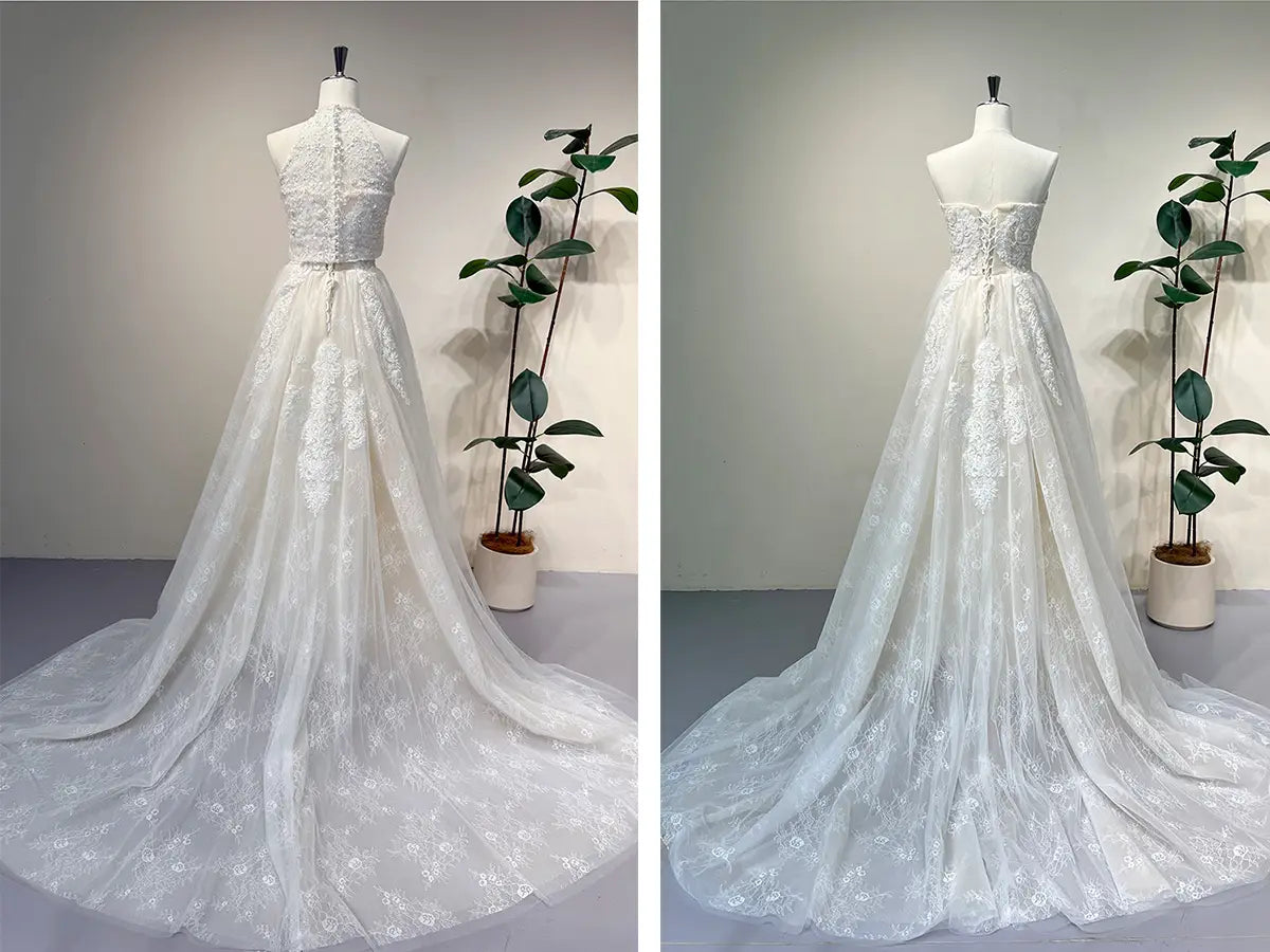 Convertible Floral Lace Wedding Dress with Detachable High Neck Vest