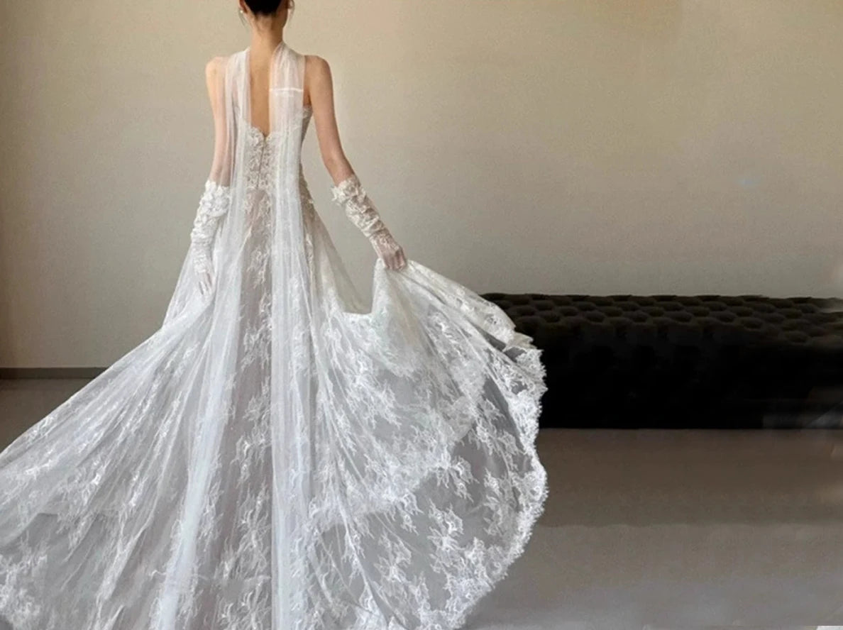 Ivory White Lace Wedding Dress A-line with Gloves